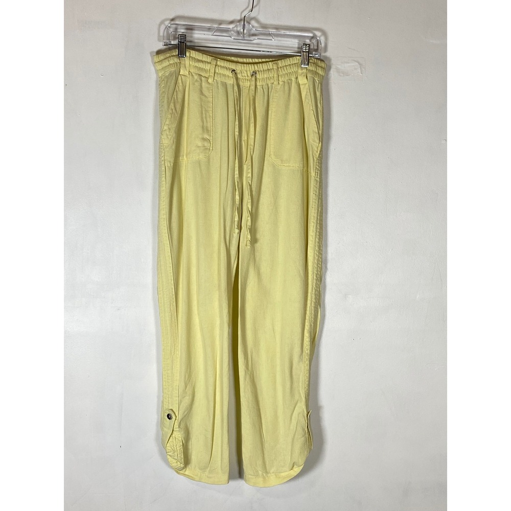 Kate Park Yellow Linen Blend Drawstring Pants Button Hem Medium